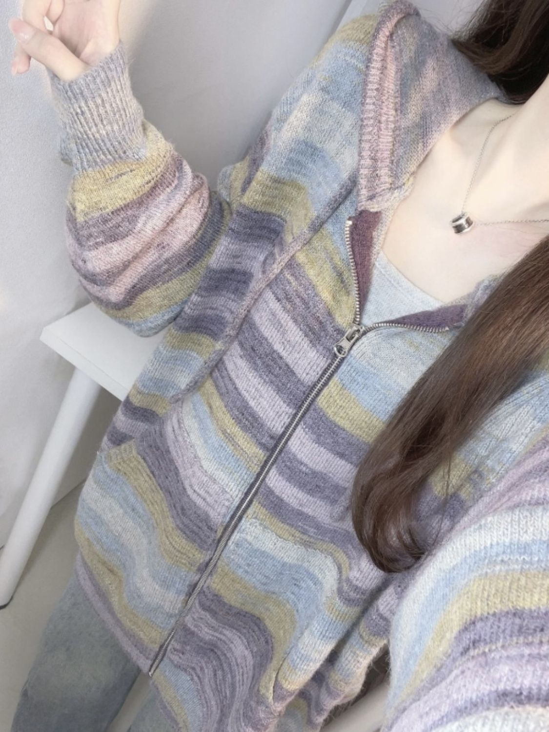 連帽慵懶上衣設計氣質長袖風中長款口袋開衫毛衣早女外套條紋秋季