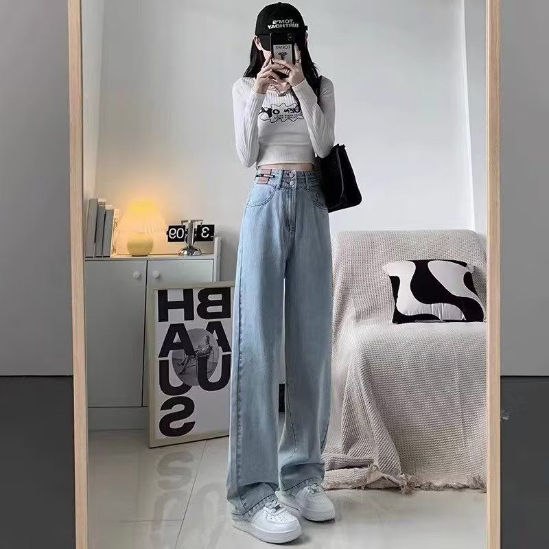 秋季高腰牛仔褲女2023年新款大碼胖妹妹顯瘦ins潮寬鬆直筒拖地褲