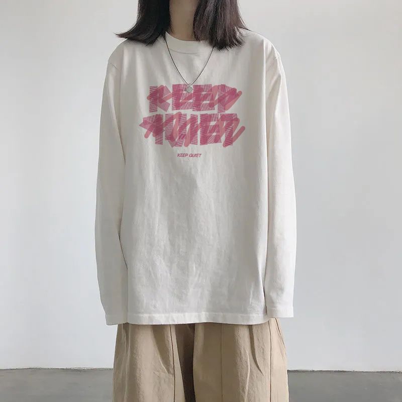 秋季新款外穿100%純棉長袖女學生韓版寬鬆inst恤女常規款打底上衣