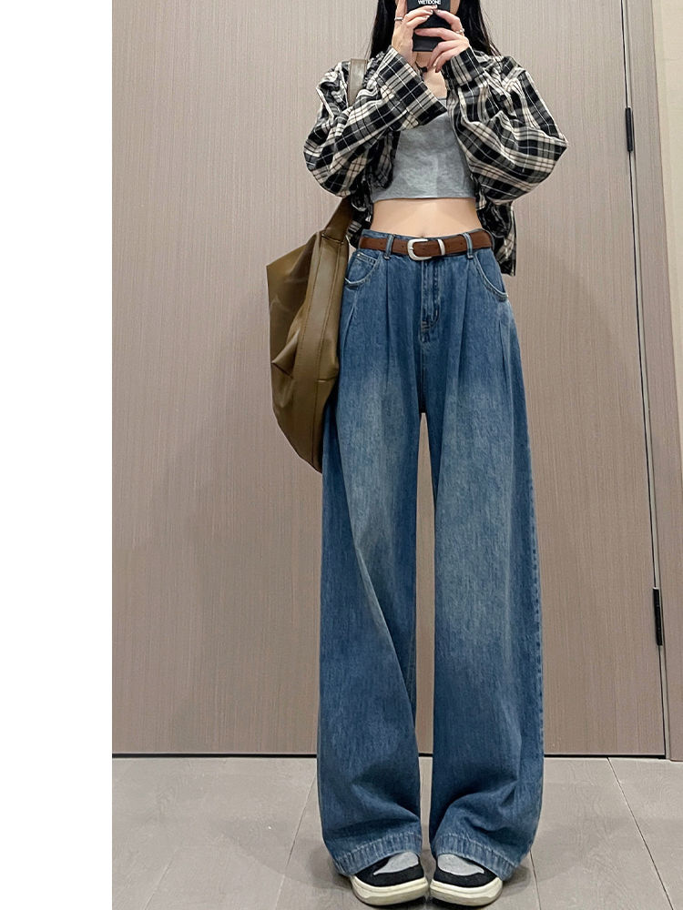 YSYOURS復古闊腿牛仔褲女春秋高腰顯瘦垂感寬鬆直筒大碼胖MM拖地