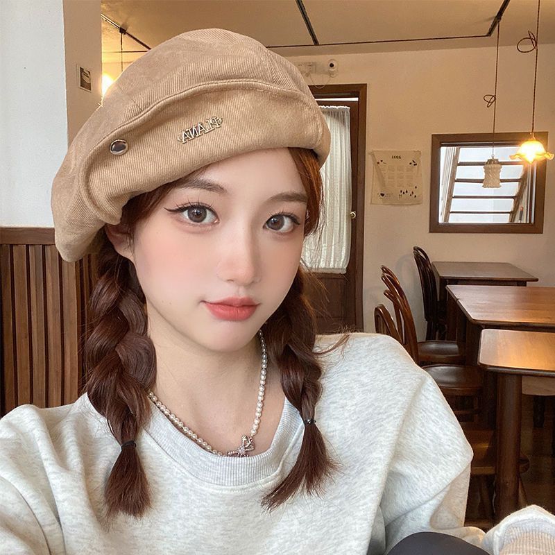 Autumn and winter all-match octagonal cloud hat female big head circumference ins net red beret show face small short brim artist hat oversized