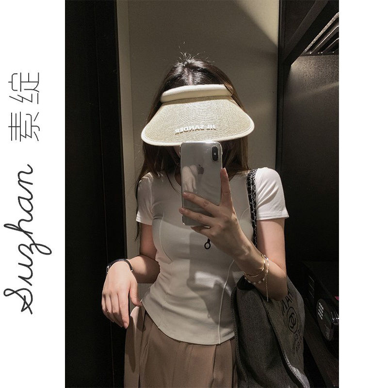 夏季百搭純棉正肩U領不規則短款上衣女新款百搭純色辣妹打底衫t恤