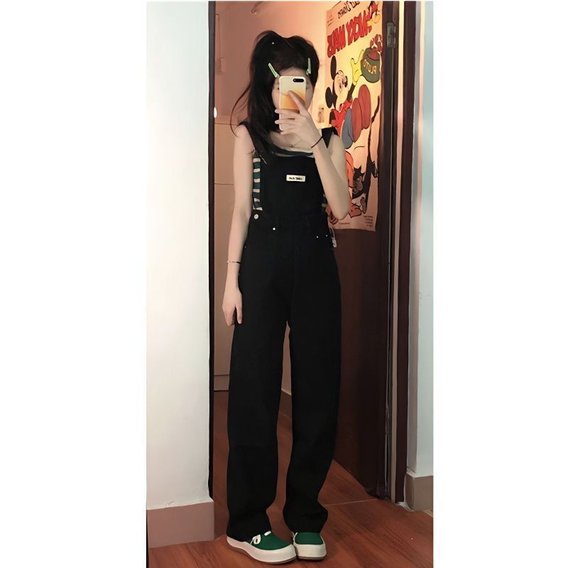 High-waisted denim overalls for women in spring and autumn new style small salt-type loose age-reducing wide-leg jumpsuit ins trend