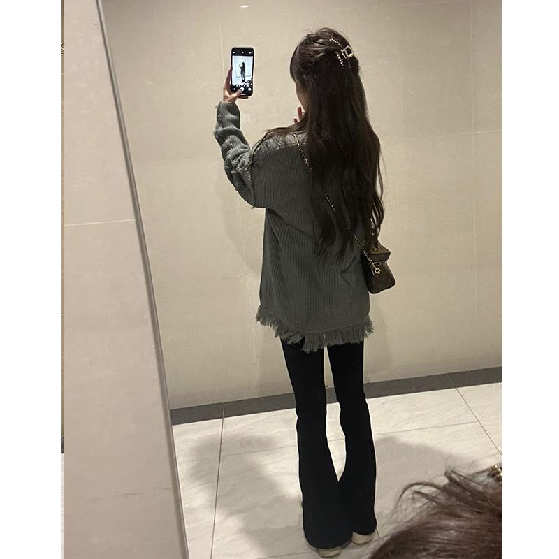 流蘇針織秋季風oversize復古慵懶長袖外套毛衣毛邊開衫女美式寬鬆