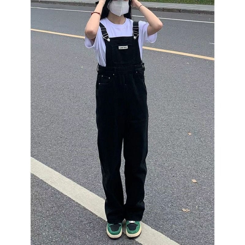 Korean version ins retro black denim overalls for women spring and autumn new high waist loose slim design jumpsuit