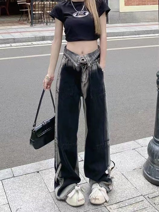 大碼設計感翻邊小眾直筒牛仔褲女胖mm高街闊腿寬鬆垂感拖地辣妹褲