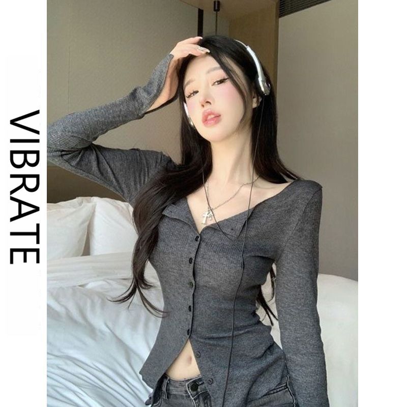 VIBRATE韩版修身显瘦长袖开衫女秋季新款设计感复古气质V领上衣