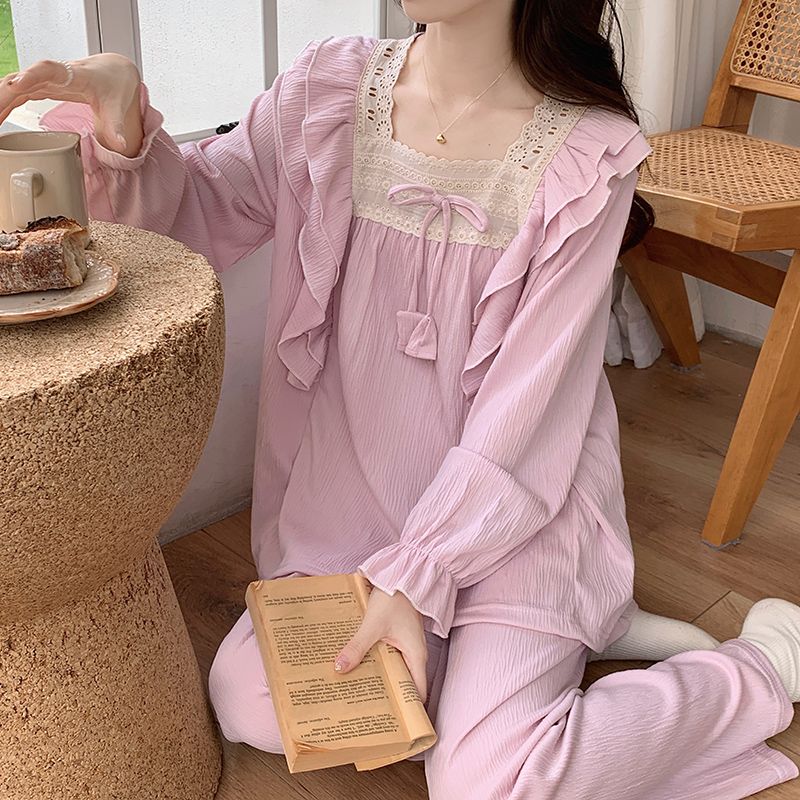 睡衣女春秋款長袖紫色花朵春夏季公主風2023年新款純棉家居服套裝