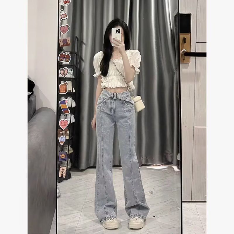 美式復古闊腿牛仔褲女秋冬新款大碼高腰顯瘦設計感直筒微喇叭褲子