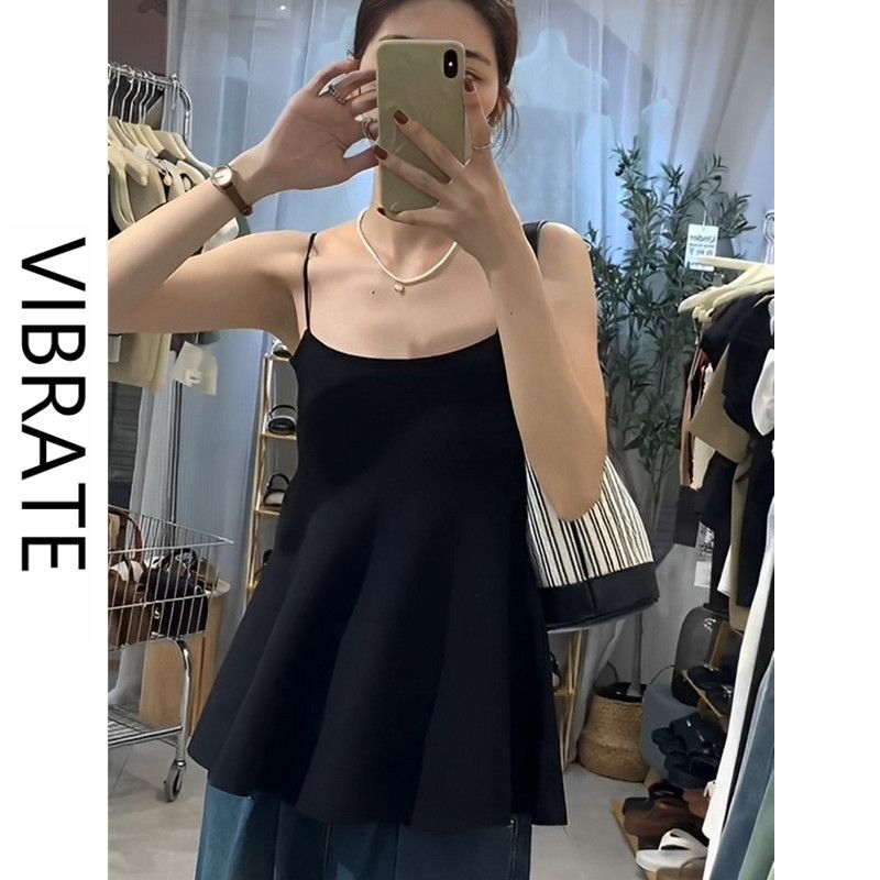 VIBRATE设计感黑色小裙摆吊带背心女夏季修身收腰露肩美背上衣ins