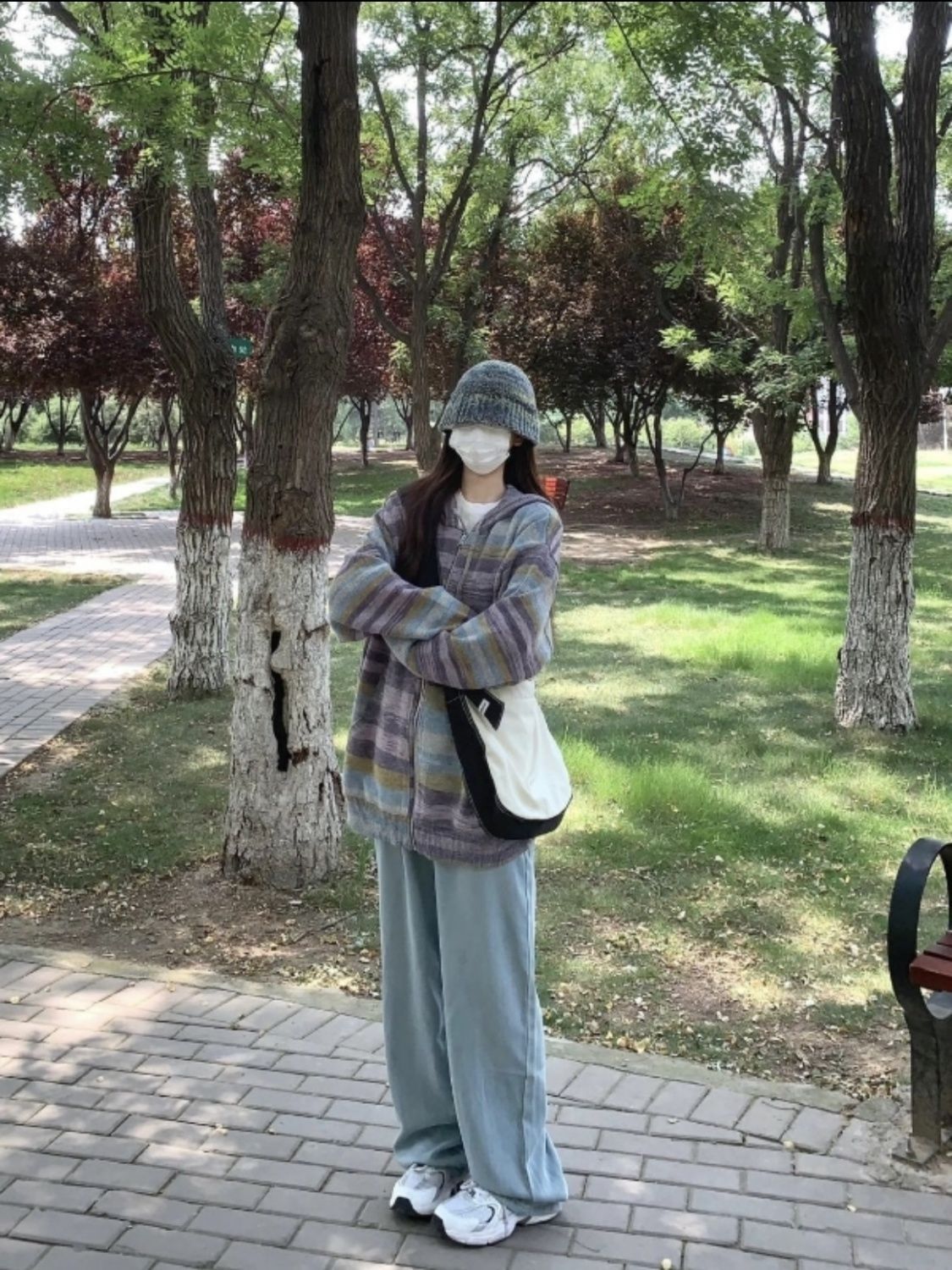 條紋女連帽休閒針織秋冬季開衫拉鏈上衣感時髦潮高級拼色嘻哈小眾