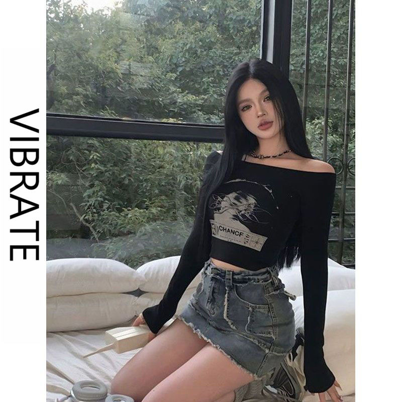 VIBRATE韓版一字肩長袖印花T恤女秋季新款修身顯瘦百搭短款上衣