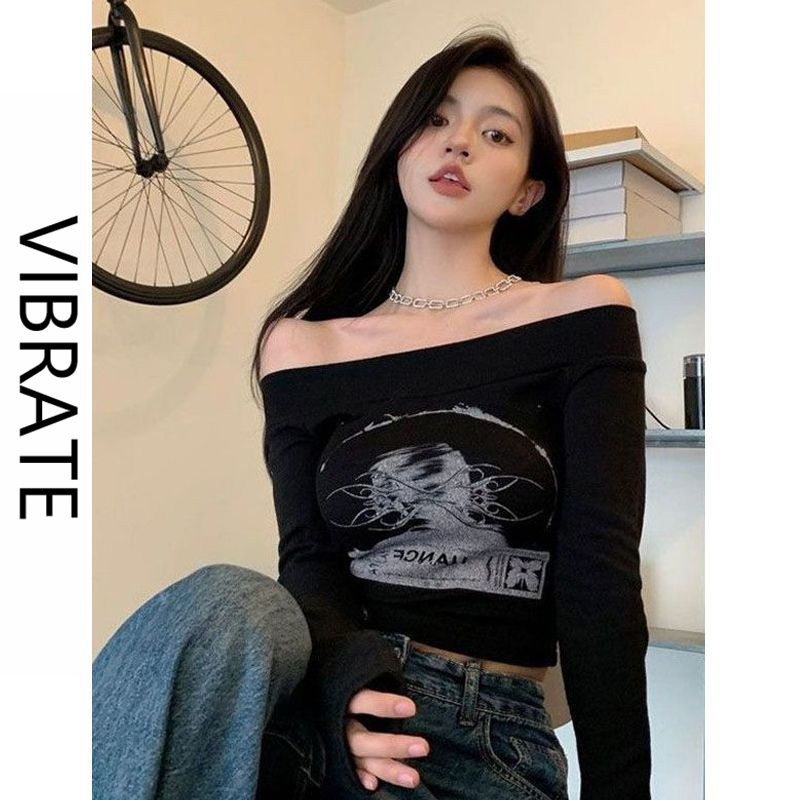 VIBRATE Korean style American hot girl black long-sleeved tops for women autumn new slim slim short tops