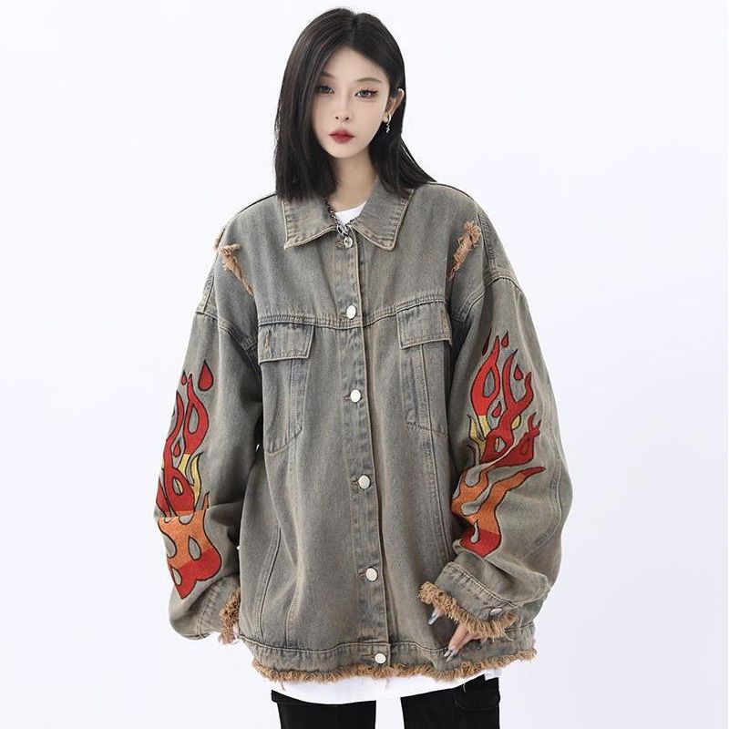 水洗做舊扎染牛仔外套女中長款春秋破洞毛邊火焰刺繡情侶夾克上衣