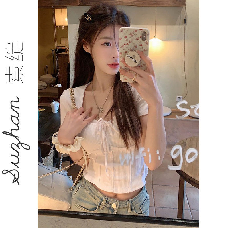 莫代爾純色綁帶方領設計感短款上衣女夏季新款魚骨顯瘦甜辣t恤衫