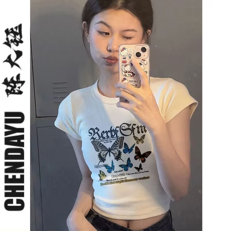 陳大鈺甜辣妹減齡短T恤女夏季設計感正肩卡通印花修身短袖上衣ins