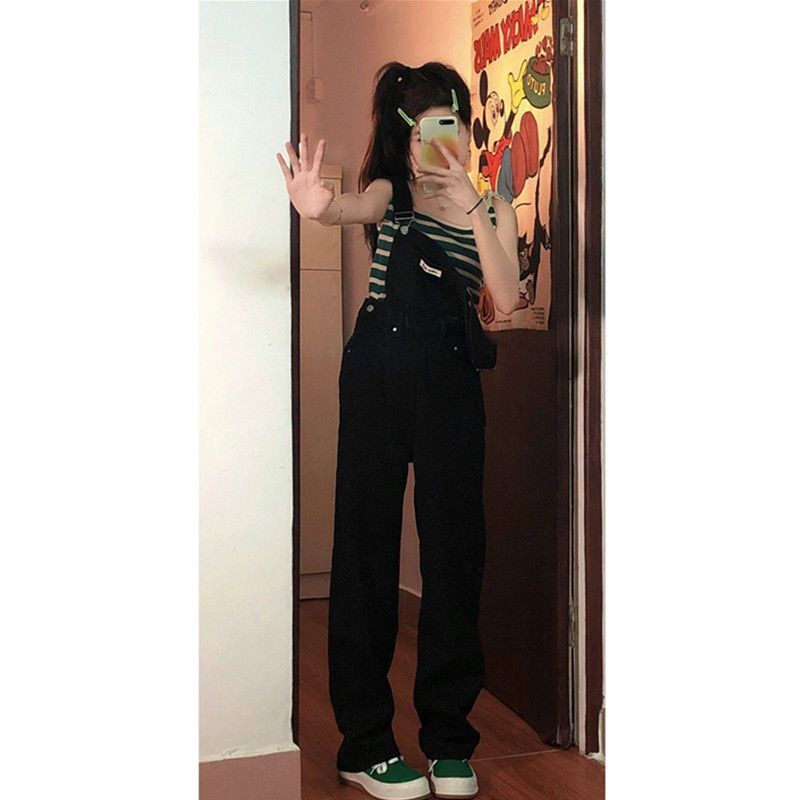 High-waisted denim overalls for women in spring and autumn new style small salt-type loose age-reducing wide-leg jumpsuit ins trend