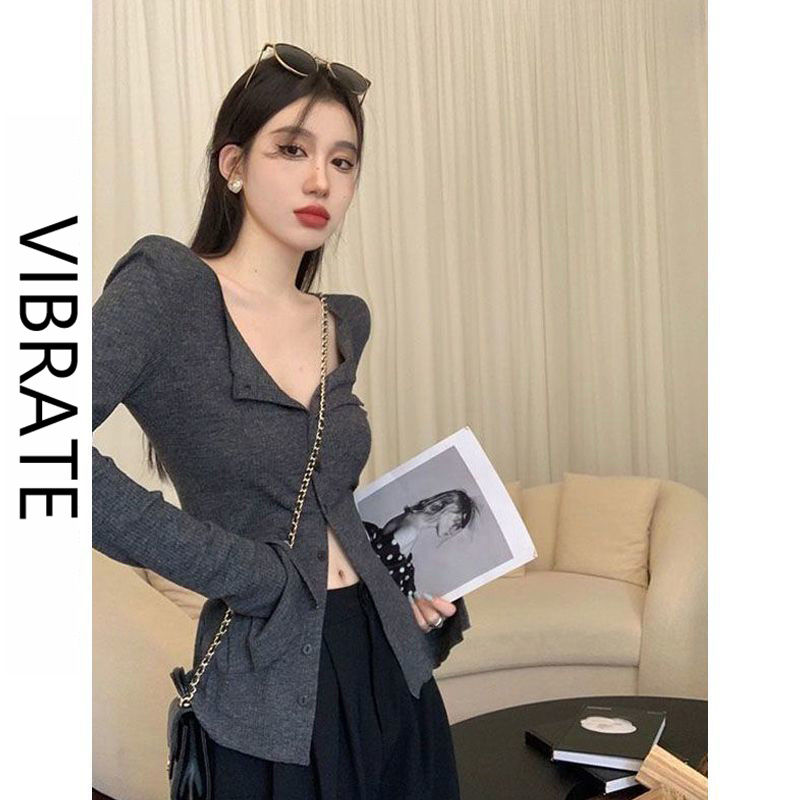 VIBRATE Korean style autumn new style slit bell sleeves retro v-neck long-sleeved cardigan temperament slim top for women