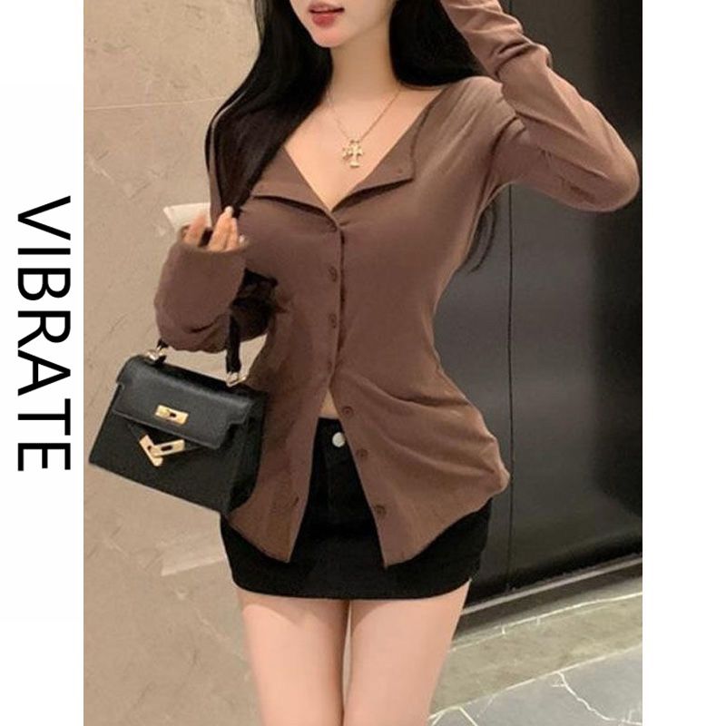 VIBRATE韓版早秋薄款防曬長袖T恤女甜辣妹開衫小眾別致顯瘦上衣