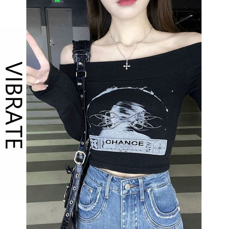 VIBRATE韓版黑色一字肩印花長袖T恤女修身百搭顯瘦打底短款上衣