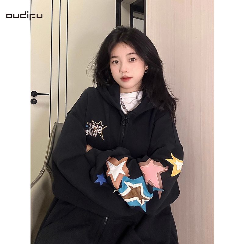 OUDIFU國潮牌ins純棉衛衣女春秋2023新款寬鬆oversize慵懶風外套