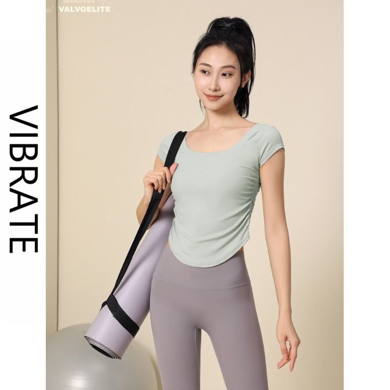 VIBRATE韓版褶皺瑜伽服短袖女夏緊身運動上衣薄款純色運動體恤