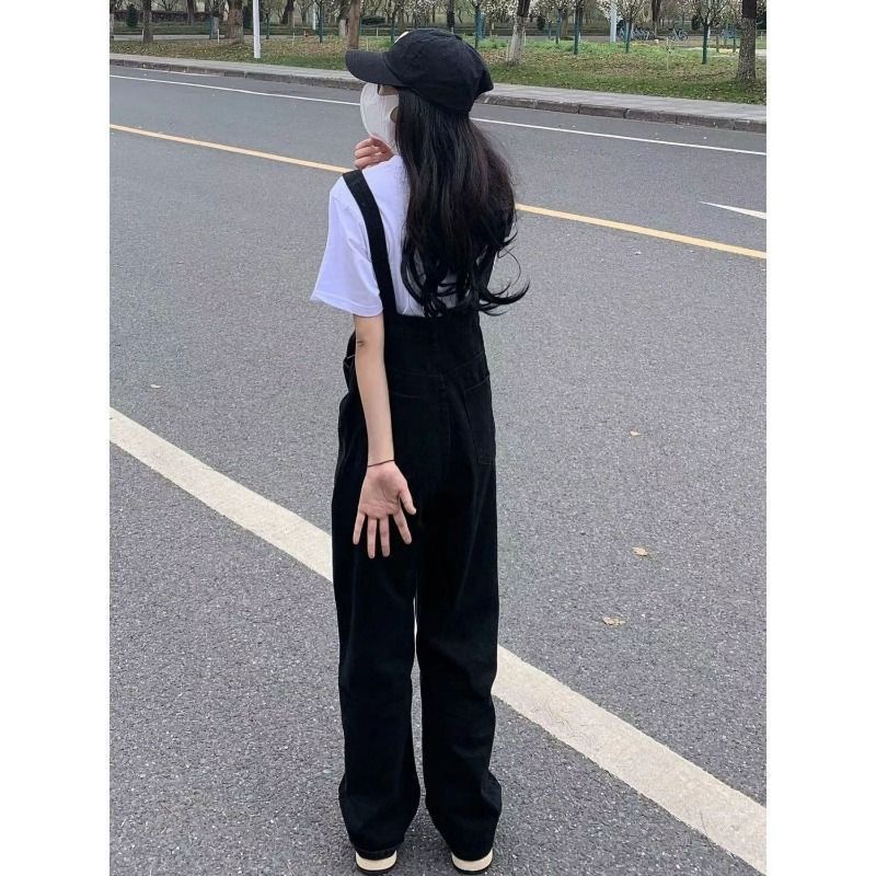 Korean version ins retro black denim overalls for women spring and autumn new high waist loose slim design jumpsuit