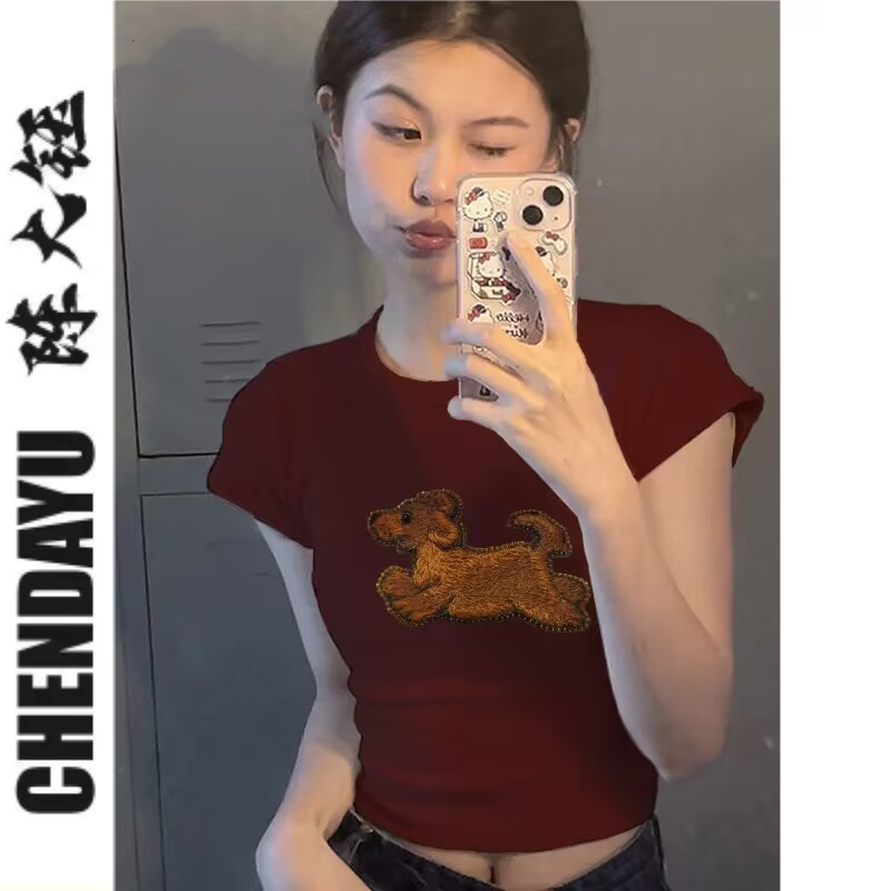 陳大鈺短款女短袖露臍掐腰性感夏季新款印花小狗辣妹t恤上衣ins