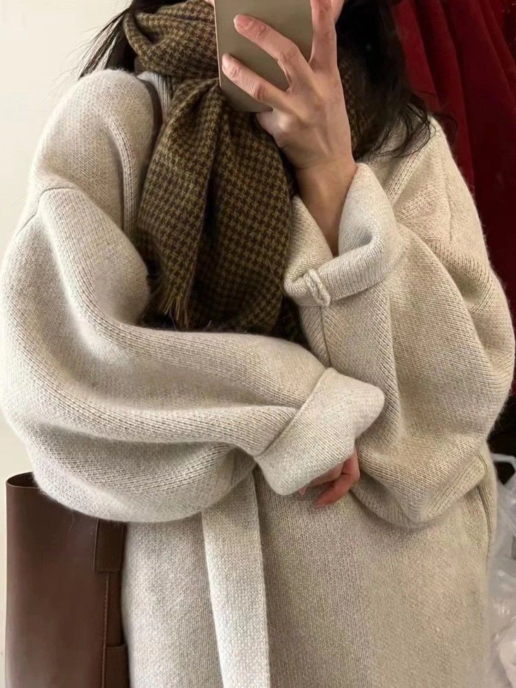 繽慕中長款毛衣開衫外套女秋冬慵懶風高級感顯瘦過膝寬鬆加厚大衣