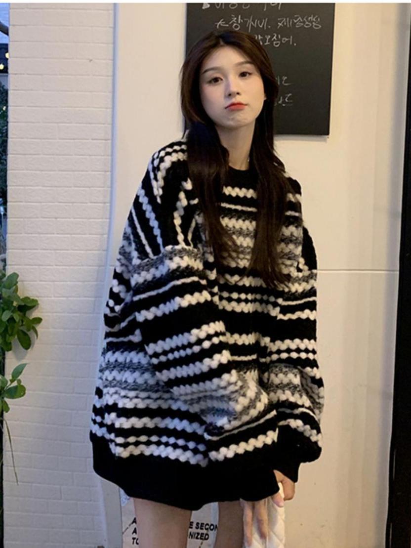 女條紋套頭毛衣oversize上衣春秋寬鬆外穿2023慵懶黑白長袖新款風