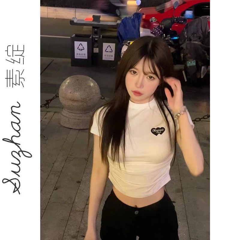 法式高腰圓領刺繡正肩上衣女小眾純欲風純棉壓褶露腰百搭短袖t恤