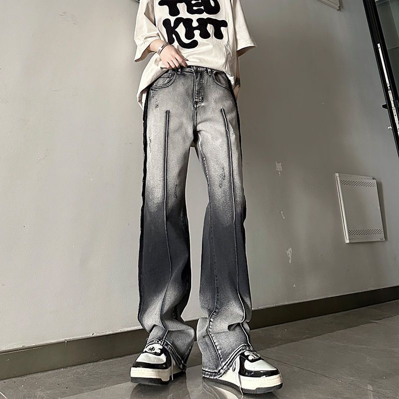 美式復古扎染拼接牛仔褲男款歐美風高級感褲子高街vibe直筒微喇褲