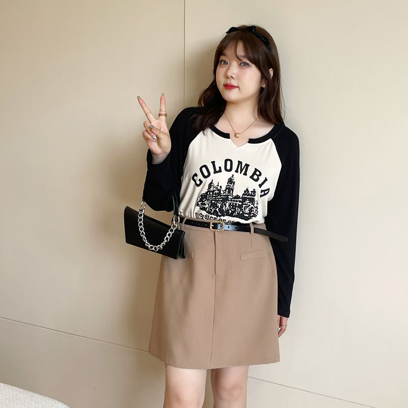 Fat mm large size women's clothes showing thin belly cover tops early autumn new fashion stitching sweet printing long-sleeved t-shirt women