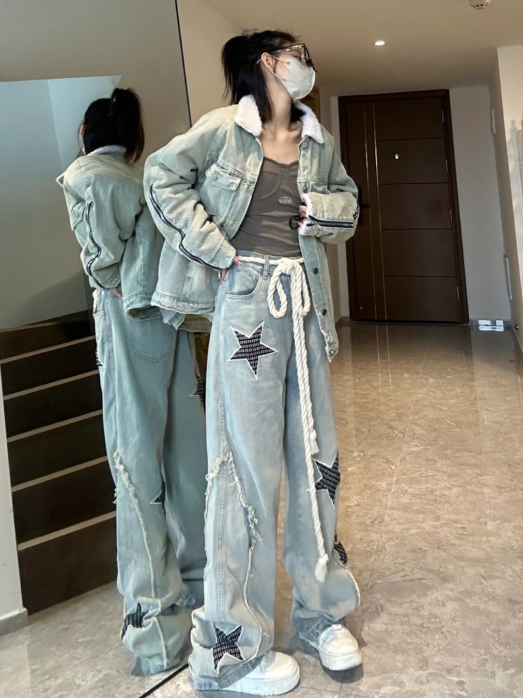 美式vibe星星設計感直筒牛仔褲女春季高腰復古寬鬆修身顯瘦闊腿褲
