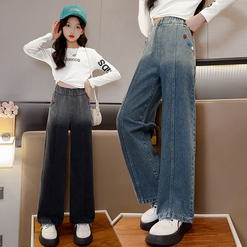 女童褲子春秋洋氣寬鬆闊腿褲2023新款兒童秋裝女孩時尚休閒牛仔褲