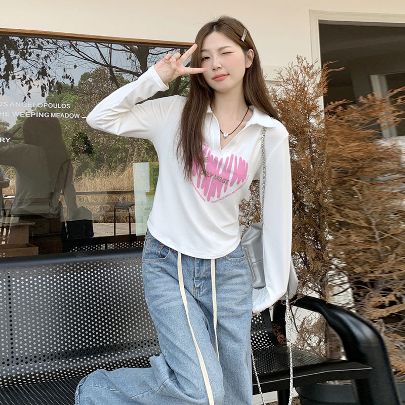 大碼Polo領打底衫女裝秋季洋氣印花長袖T恤辣妹微胖遮肉顯瘦上衣