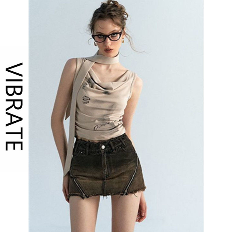 VIBRATE设计感挂脖飘带荡领印花吊带背心女夏季辣妹修身短款上衣