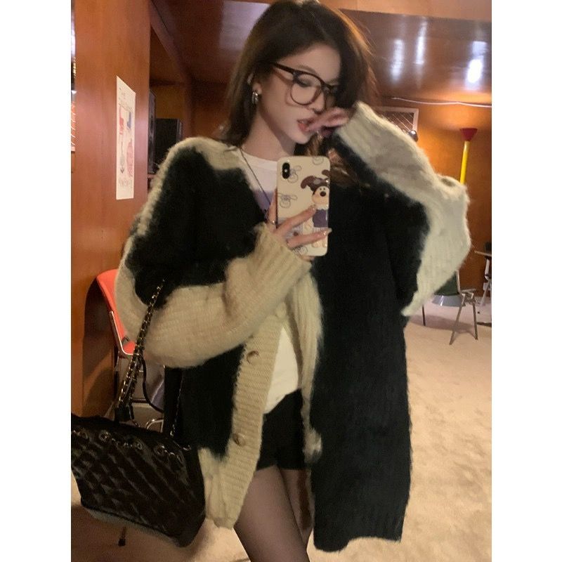 秋冬新款撞色拼接V領海馬毛毛衣開衫女寬鬆慵懶風中長款針織外套