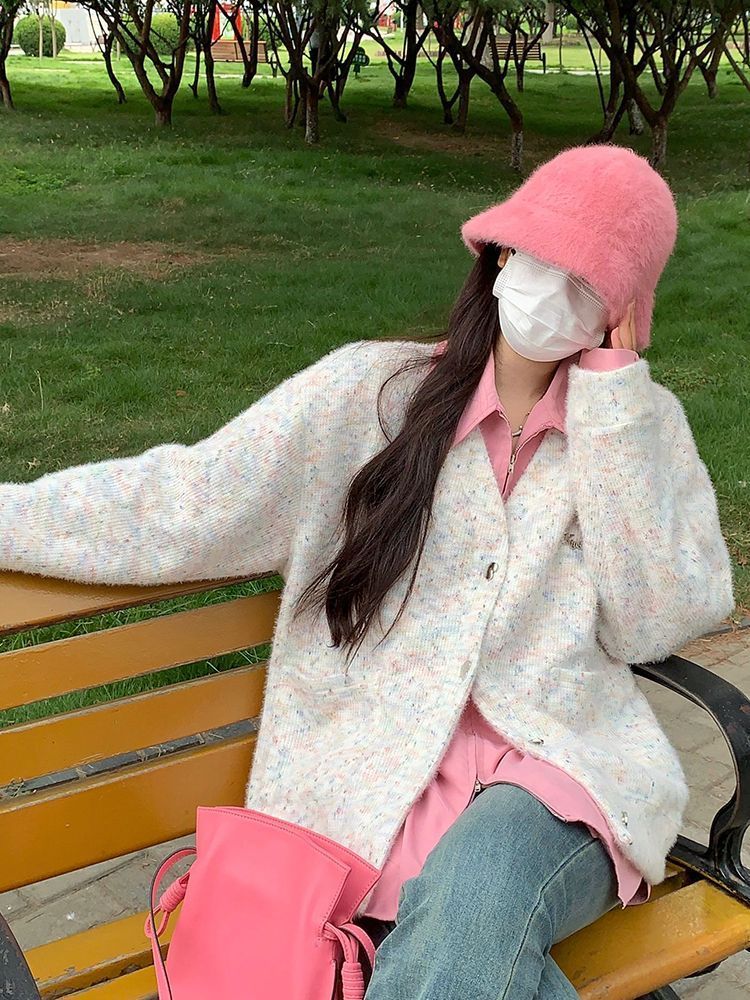 PROMONE法式彩虹點長袖開衫毛衣女復古設計感小眾寬鬆百搭上衣潮