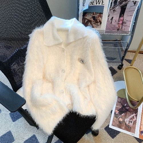 小香風法式仿水貂絨翻領軟糯毛衣外套女秋冬獨特别致針織開衫上衣