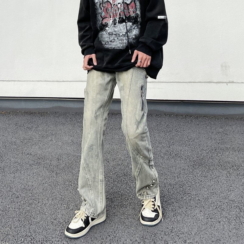 高街美式復古水洗設計感排扣嘻哈牛仔褲寬鬆直筒hiphop褲子男女潮