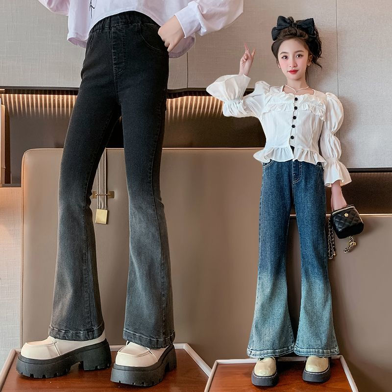 女童褲子春秋2023新款大童秋季休閒喇叭褲女孩時尚秋裝兒童牛仔褲