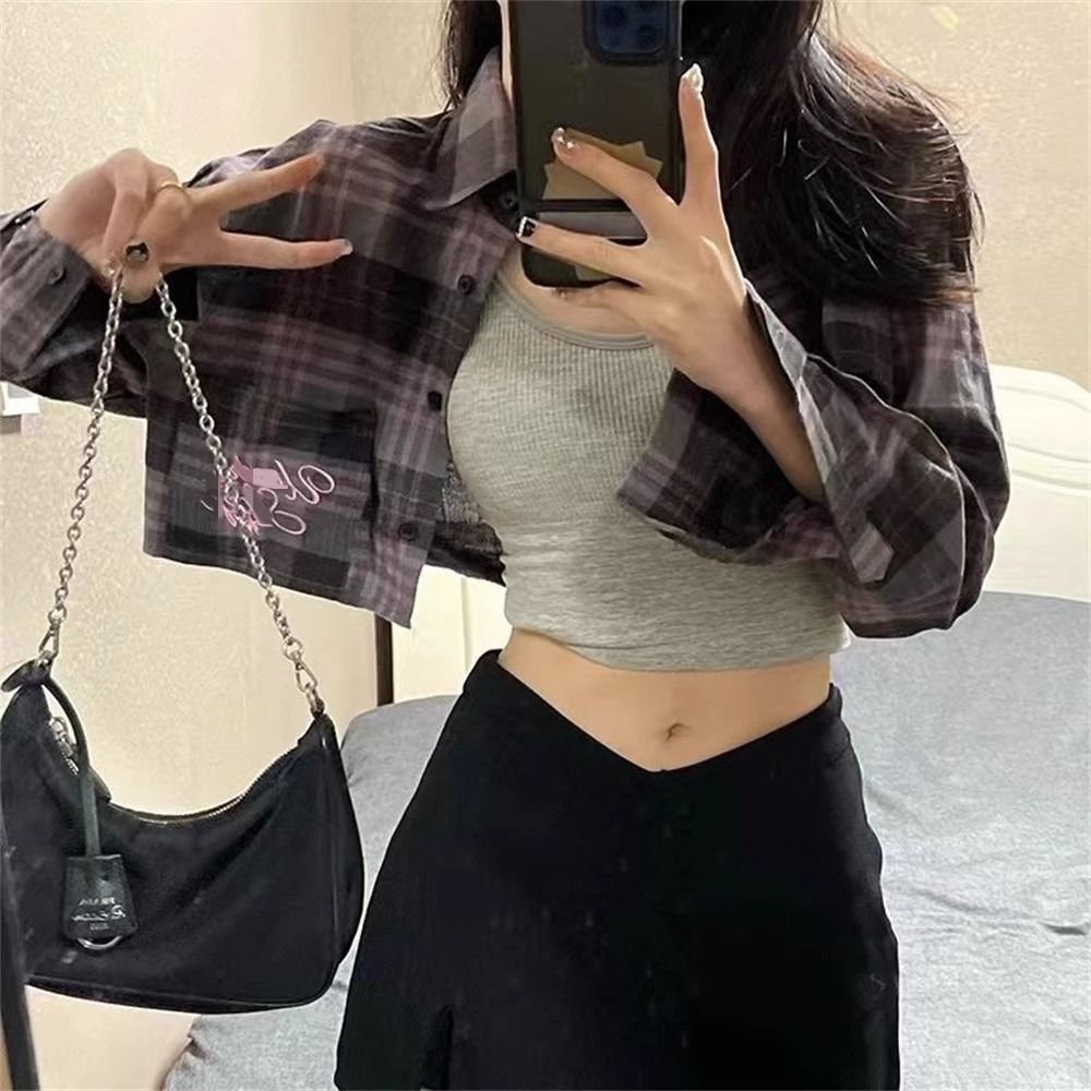 美式短款寬鬆多巴胺女孩穿搭格子防曬襯衫女夏季薄款開衫襯衣外套