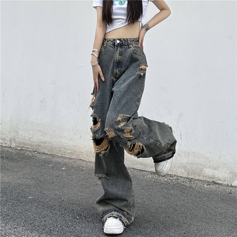 美式ins高街辣妹牛仔褲男女夏季復古破洞寬鬆顯瘦直筒闊腿褲潮流