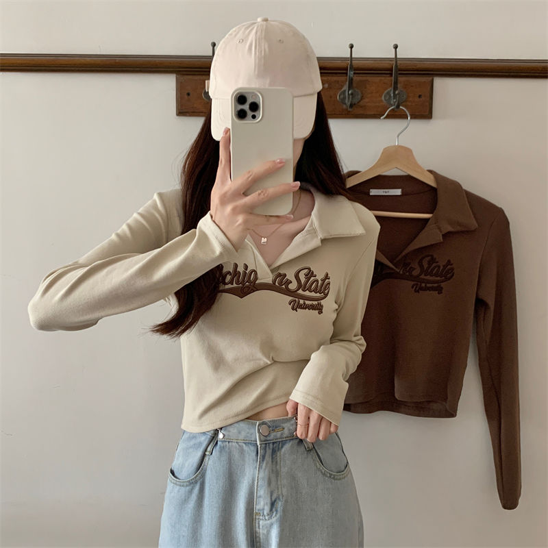 polo領大碼美式復古T恤女秋季ins潮純欲風甜辣妹微胖遮肉長袖上衣