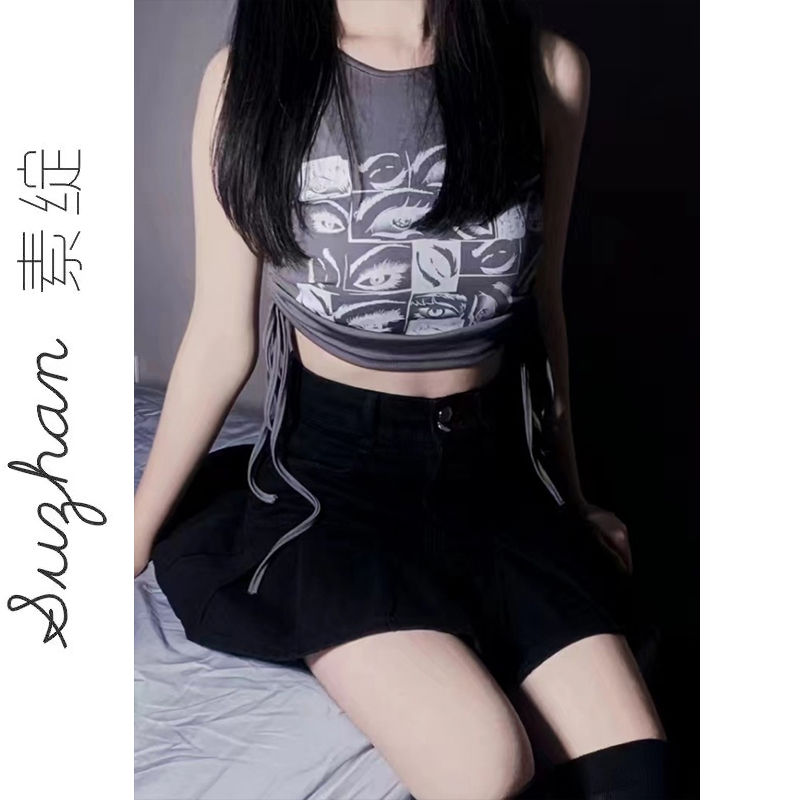 韓版灰色純欲風印花綁帶設計感背心女夏季短款外穿內搭高級感上衣