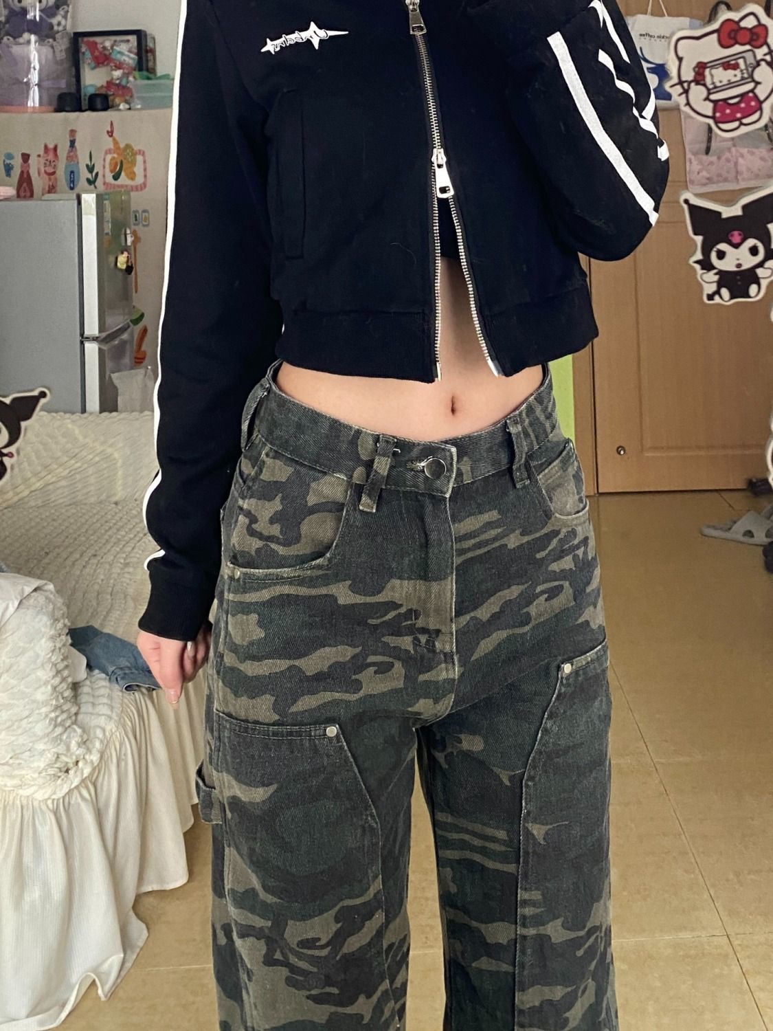 美式復古迷彩牛仔褲女甜酷高街工裝寬鬆秋季直筒闊腿寬鬆高腰長褲