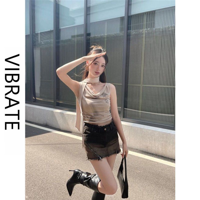 VIBRATE美式復古印花打褶盪領背心女夏季修身顯瘦甜辣妹無袖上衣