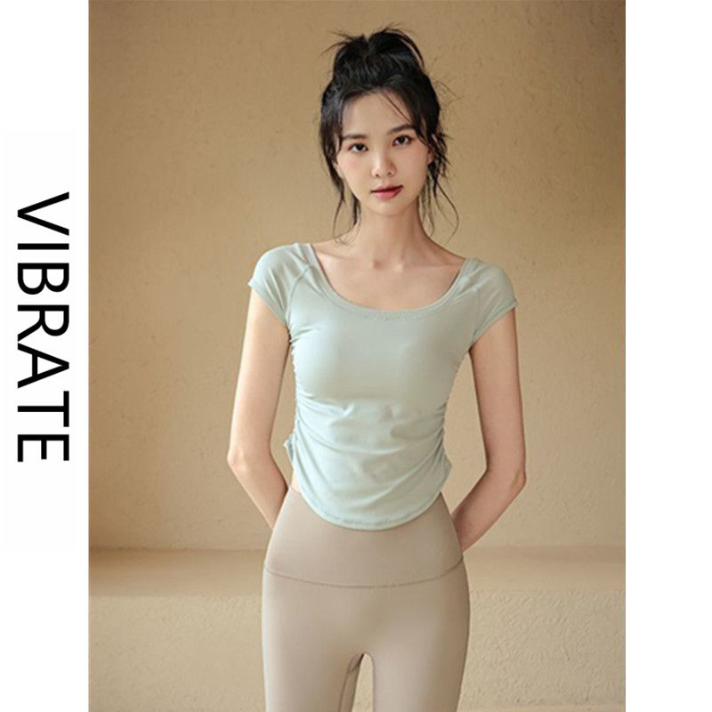 VIBRATE设计感褶皱短袖t恤运动瑜伽服女夏季辣妹修身显瘦短款上衣
