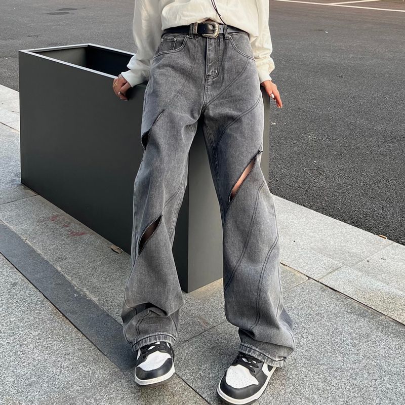 褲子男美式街頭破洞設計高腰直筒牛仔褲男ins潮牌復古高街炸街潮